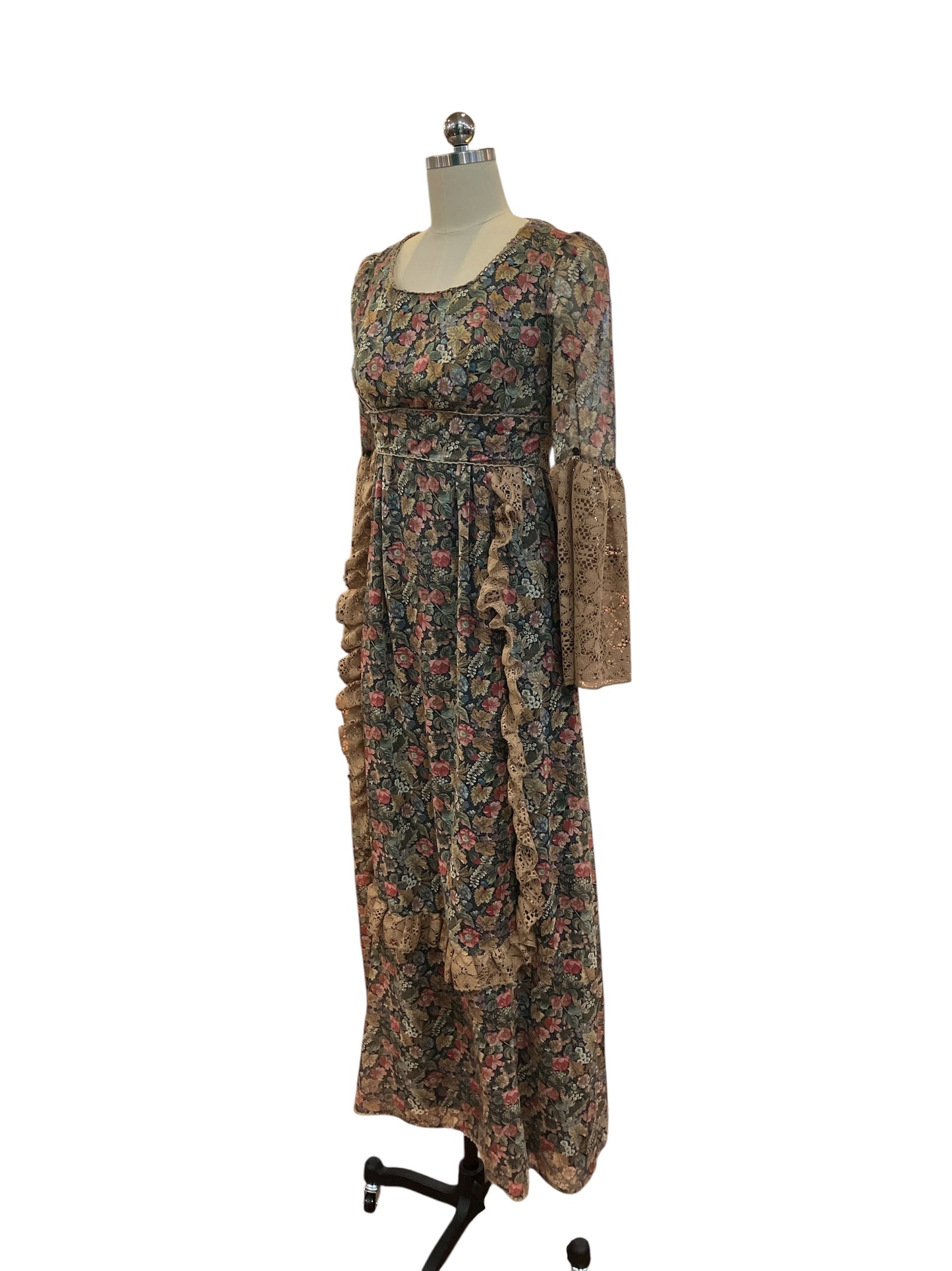 Vintage Late 1960s Early 1970s PBJ Jerrell Gunne Sax Style Mock Apron Dress Brown and Multicolor Floral