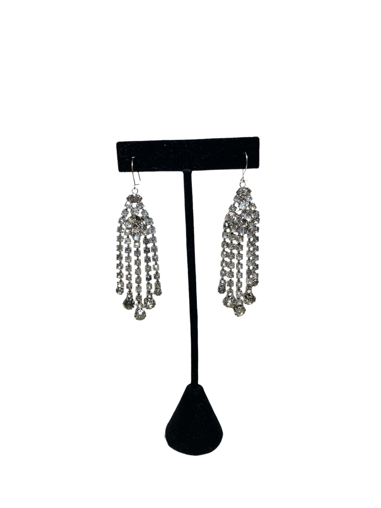 Vintage 1960s Rhinestone Tassle Statement Earrings Mark HOBE Pierced Back Dangle Large Clear Crystal Costume Jewelry
