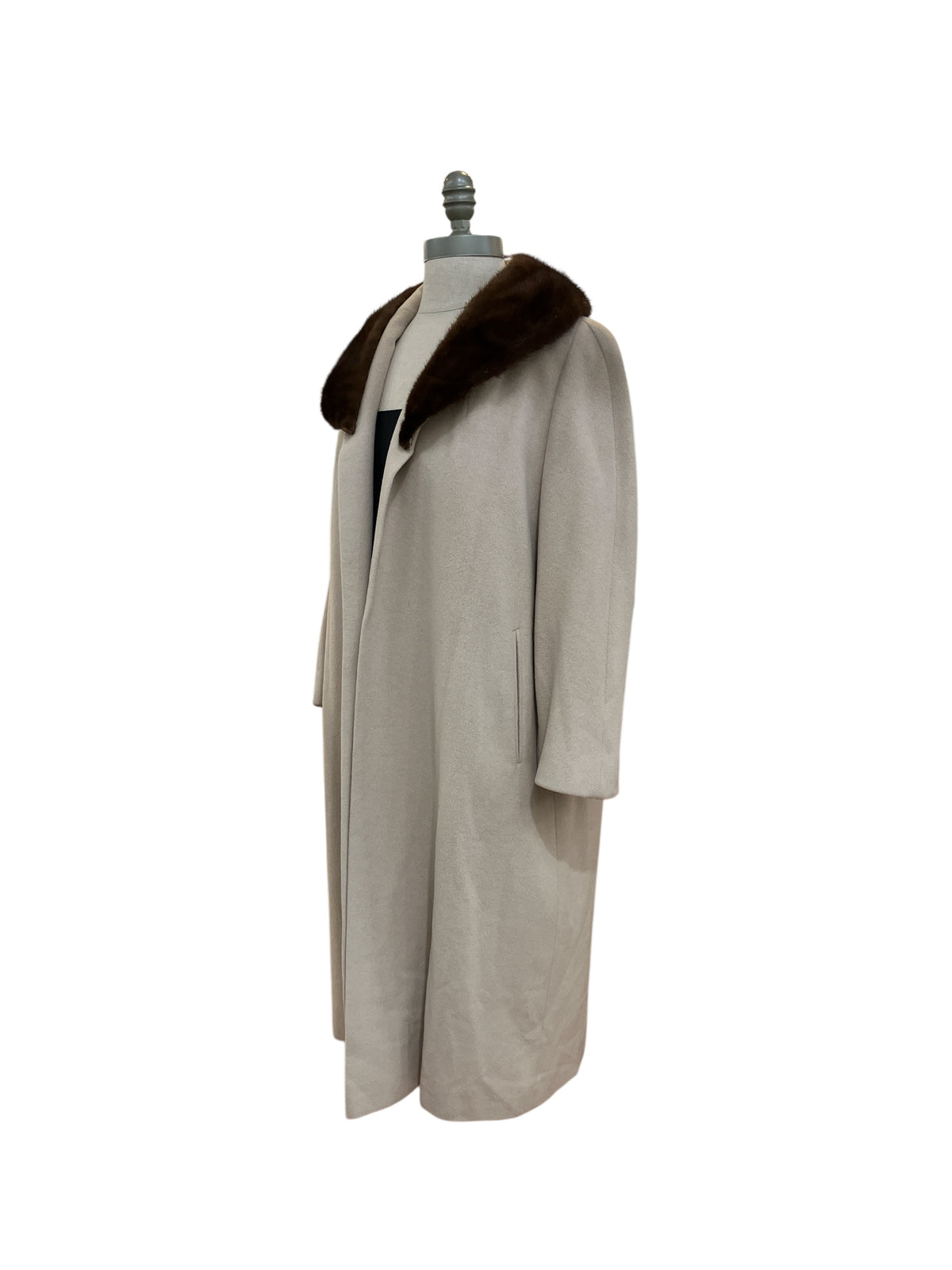 Vintage 1960s Union Made Light Beige Open Front Cashmere Coat with Dark Brown Mink Collar