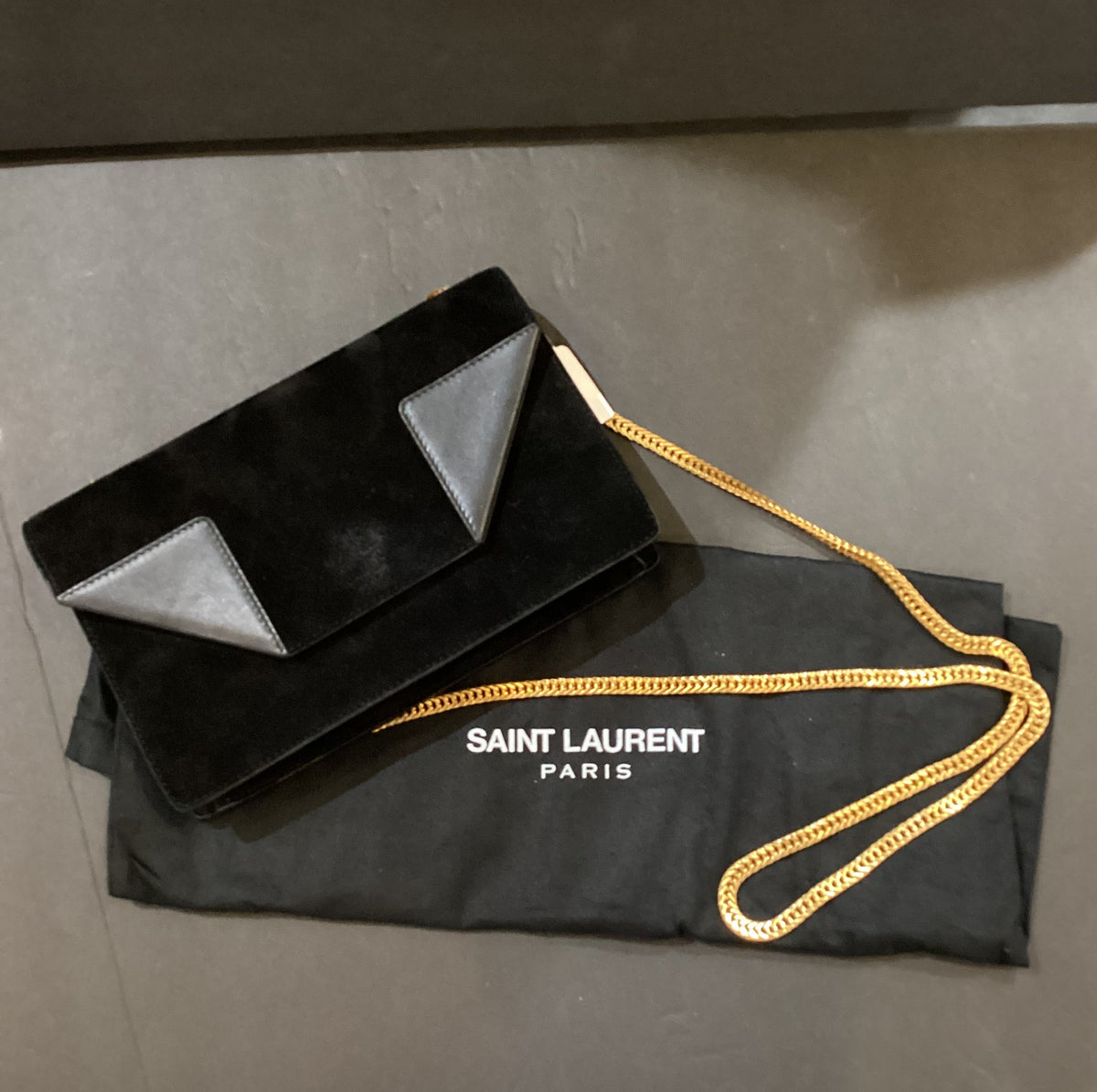 Vintage Saint Laurent YSL “Betty” Small Suede Lambskin Gold Chain Crossbody Shoulder Bag