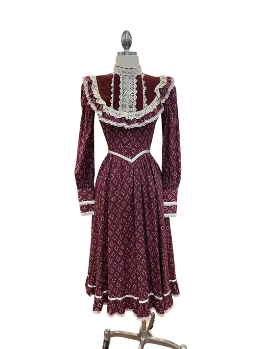 Vintage Gunne Sax Maroon Calico Midi Dress with Corduroy and Lace