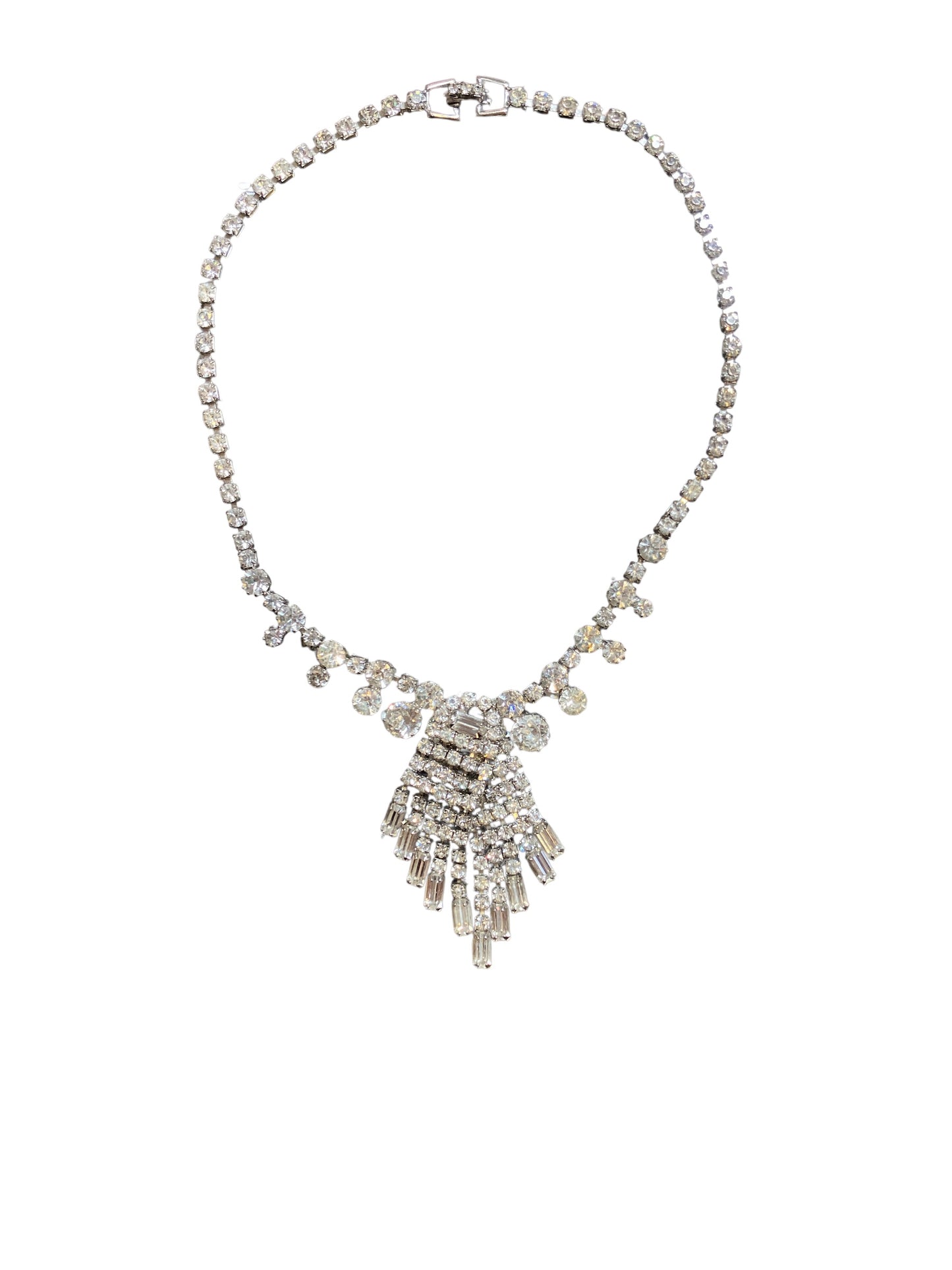 Vintage Weiss Rhinestone Costume Jewelry Chunky Overlapping Pendant 14in Necklace Clear Excellent Condition