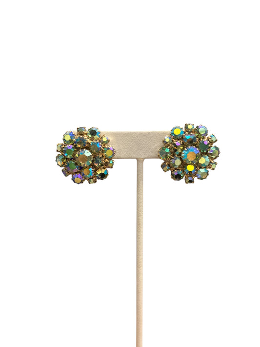 Vintage Costume Jewelry Clip on Earrings Green Iridescent Cluster Rhinestones