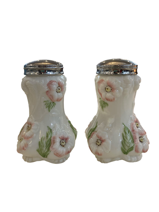 Vintage Fenton Milk Glass Hand Painted Salt and Pepper Shaker Set