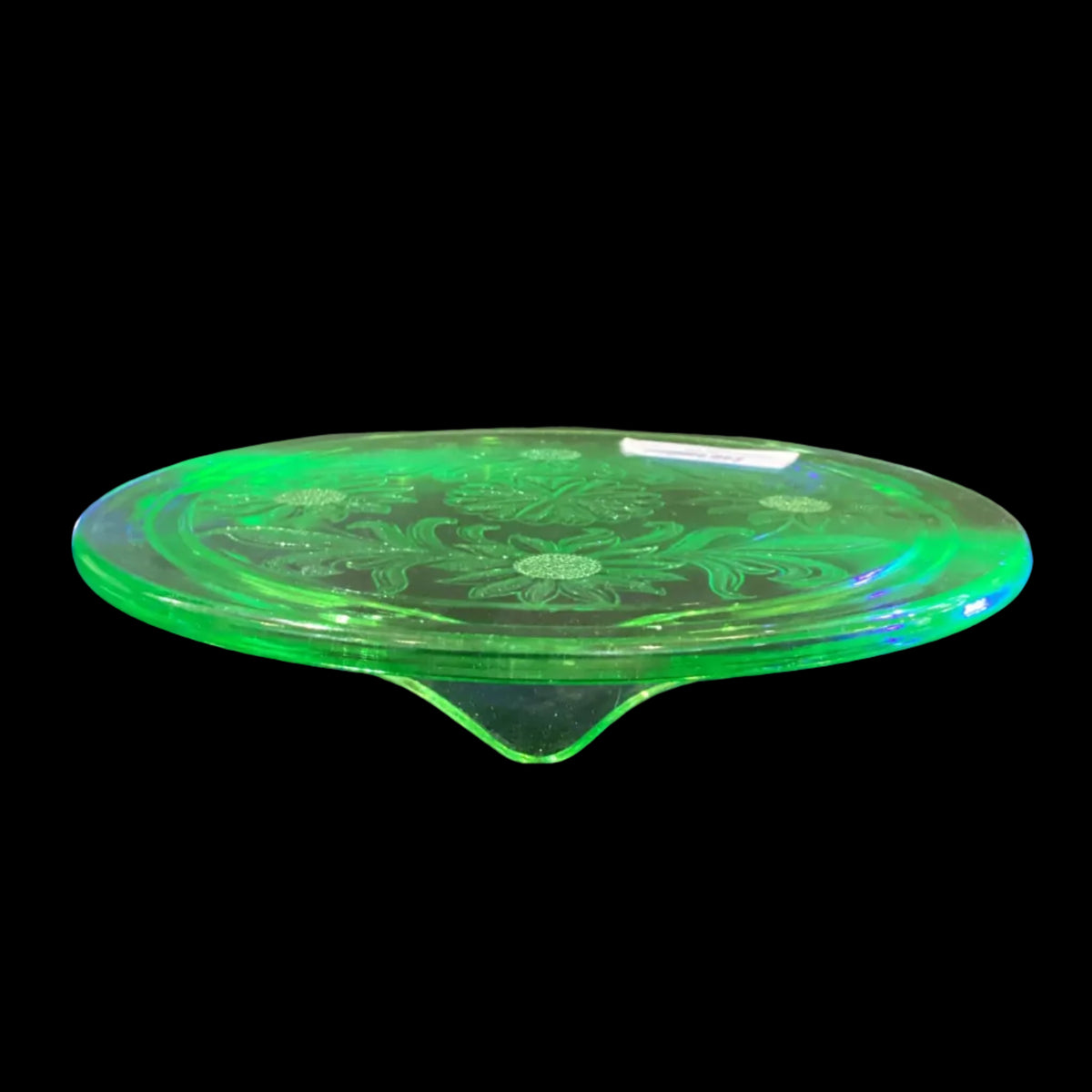 Stunning Rare Vintage Uranium Vaseline Depression Glass Cake Plate with Sunflower Motif (1pc)