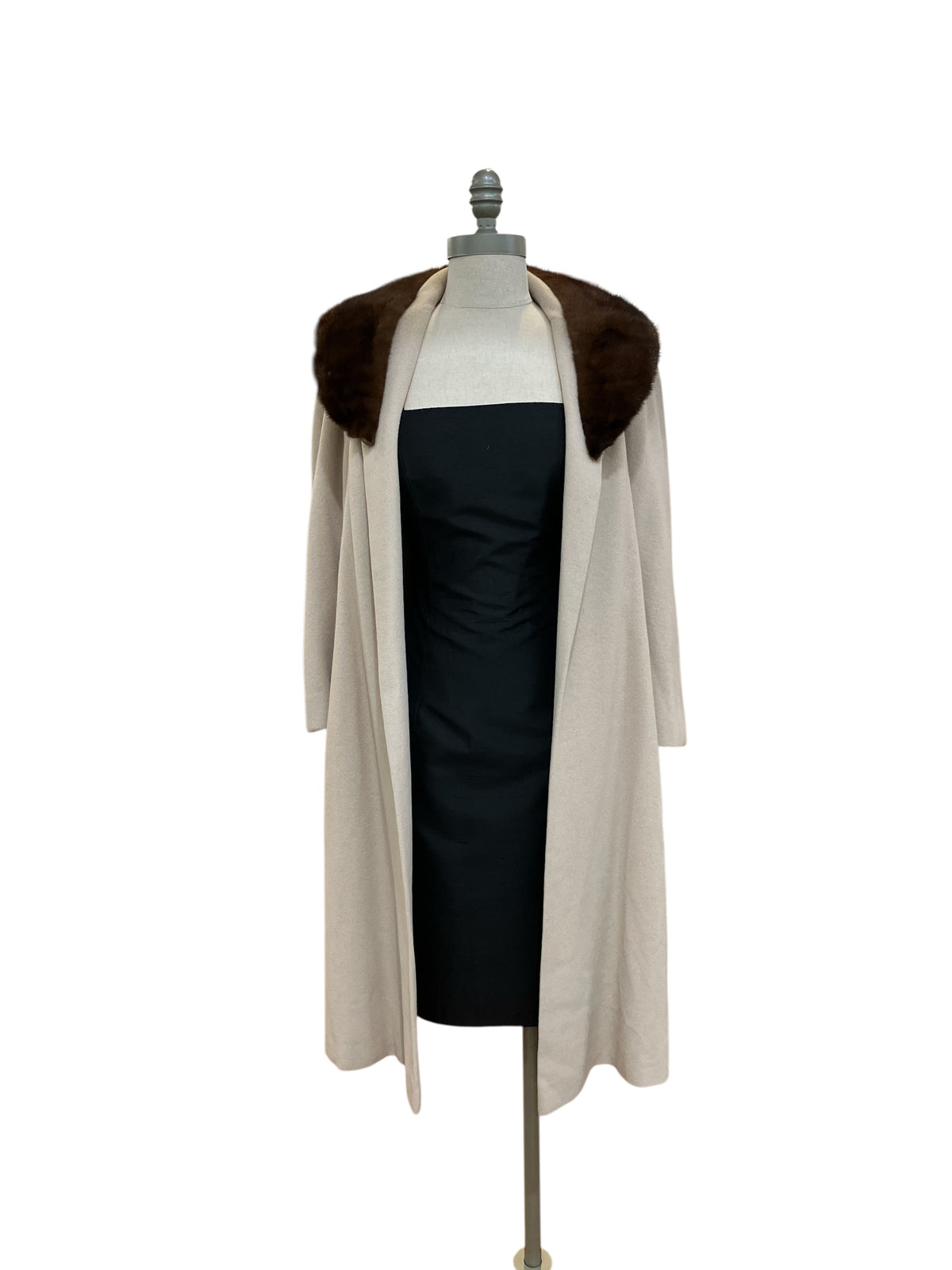 Vintage 1960s Union Made Light Beige Open Front Cashmere Coat with Dark Brown Mink Collar