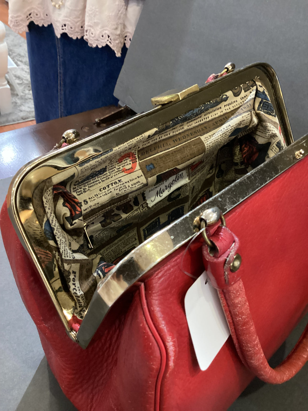 Vintage Margolin Red Genuine Leather Bag Gold Tone Hardware Newspaper Print Fabric Interior Lining