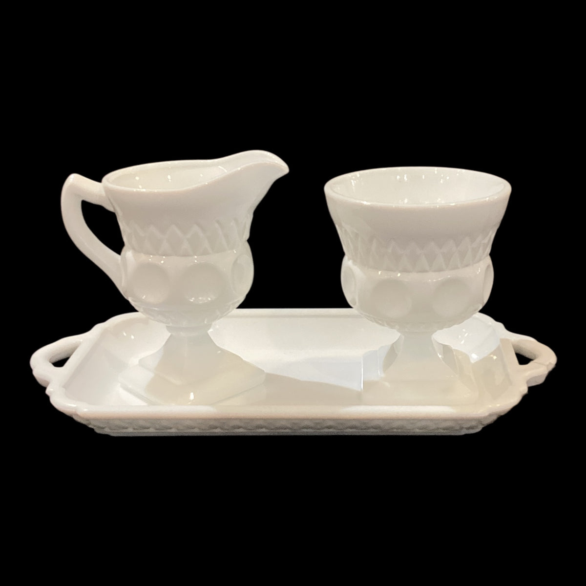 Vintage Milk Glass Cream Sugar and Serving Tray Set White Three Piece Set Sold Together (3pc total, 1 tray, 1 creamer, 1 sugar)