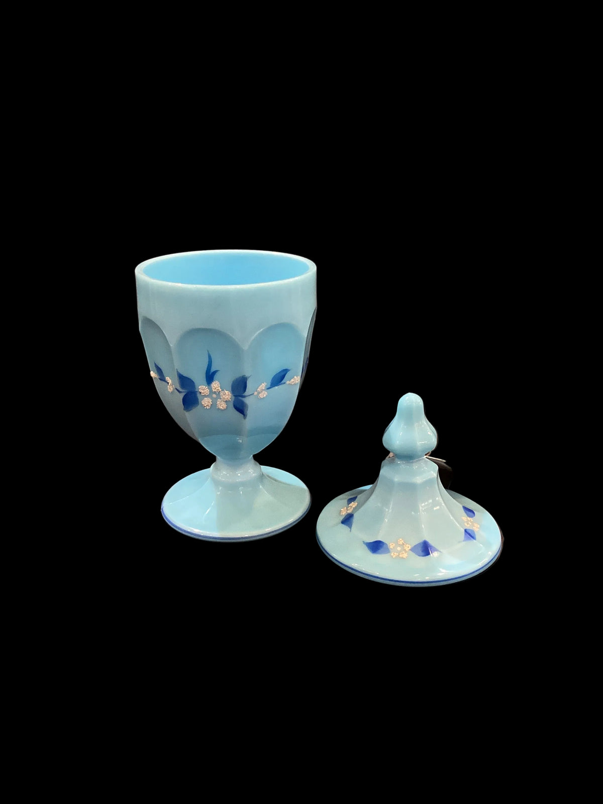 Rare Vintage Blue Milk Glass Hand Painted Footed Covered Container with Lid