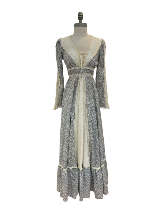 Vintage Gunne Sax by Jessica Gold Label Lace Up Cotton Blue Art Deco Floral Print Size 7