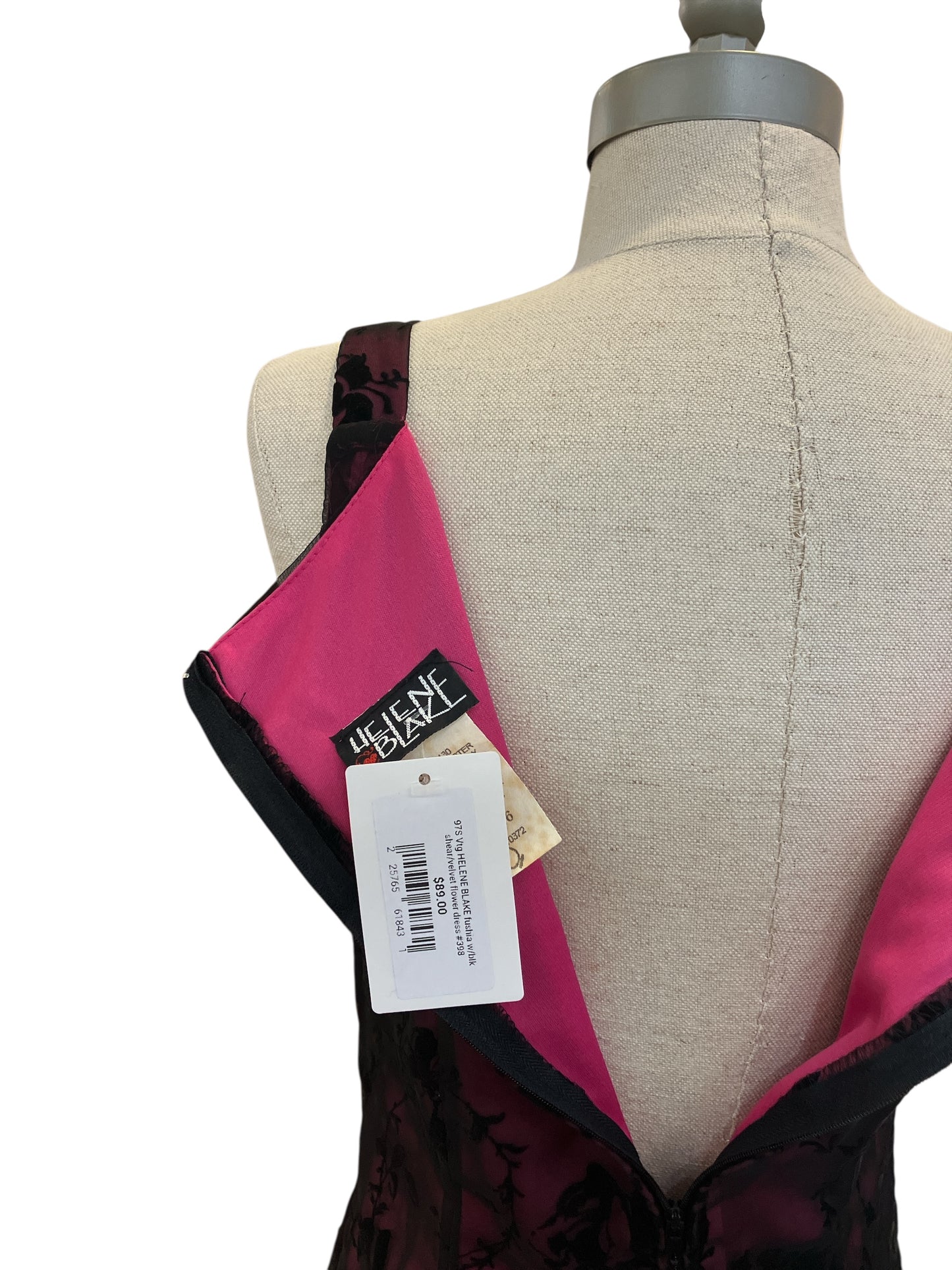 Vintage 1990s Helene Blake Hot Pink and Black Sheer Overlay Fitted Dress