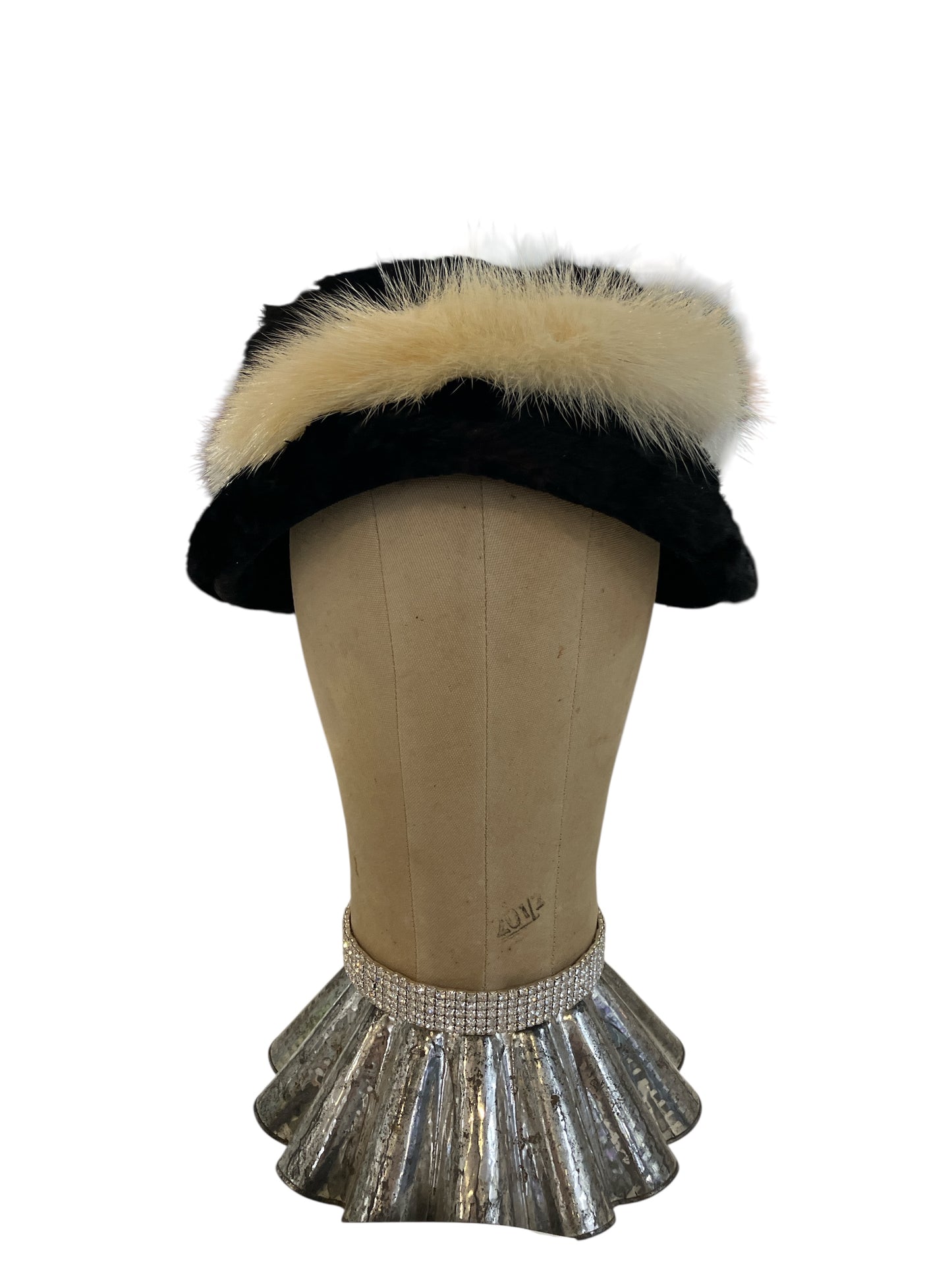 Vintage Fur Hat Black Ivory Tail Black Velvet Bow