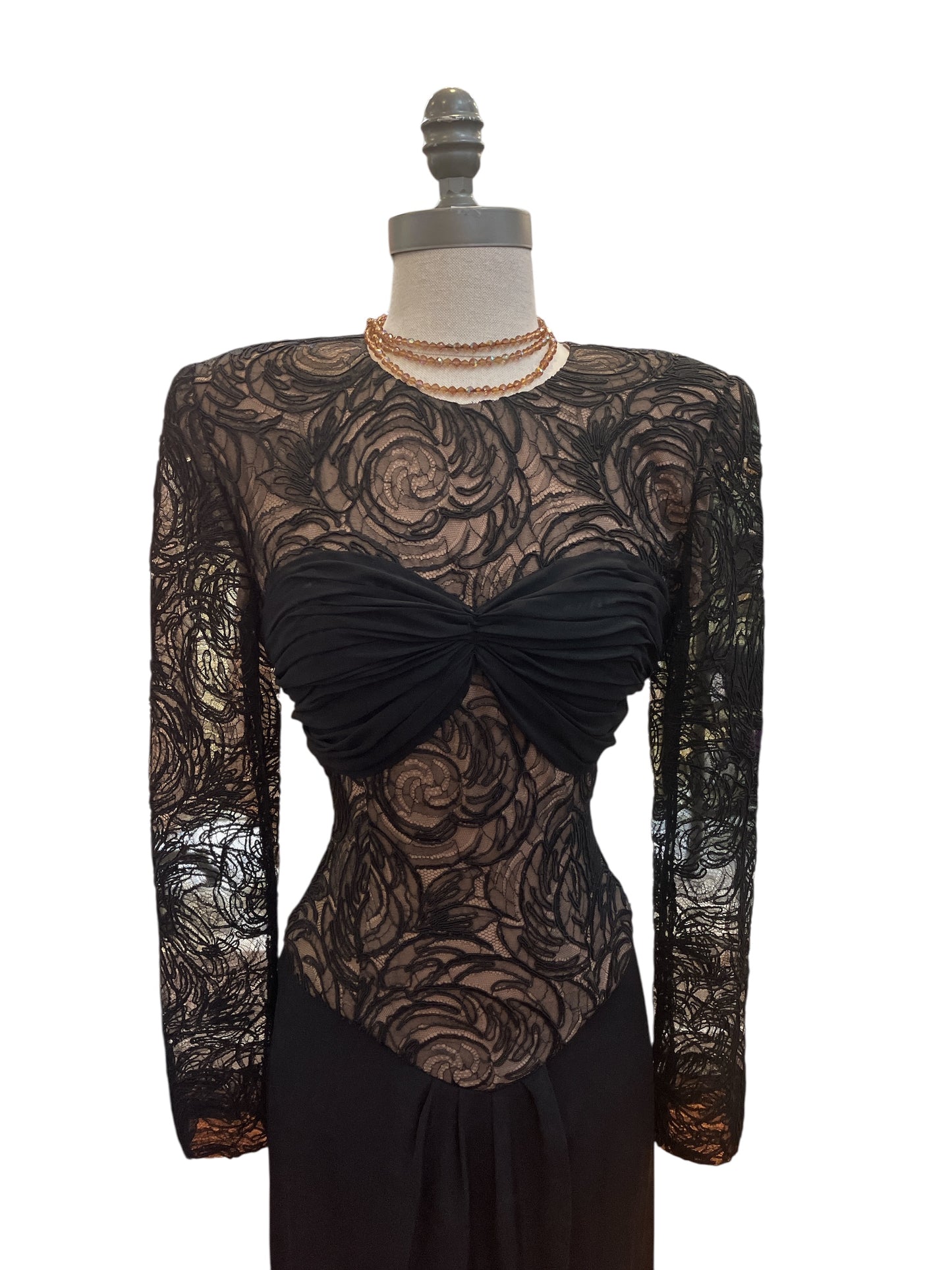Vintage 1980s Custom Made Black and Nude Lace Illusion Dress with Shoulder Pads