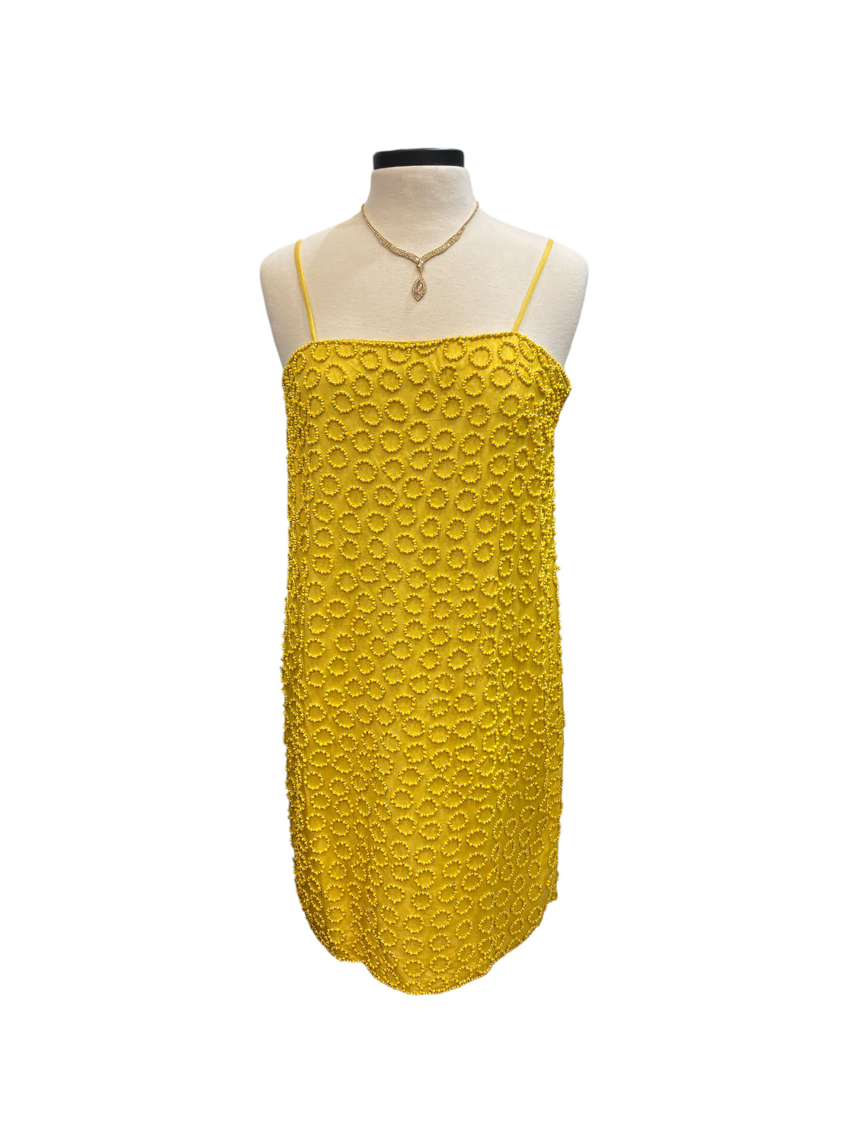 Vintage Yellow 100% Silk Shell Sheath Dress Cocktail Circle Pattern Beading “Black Tie” Brand