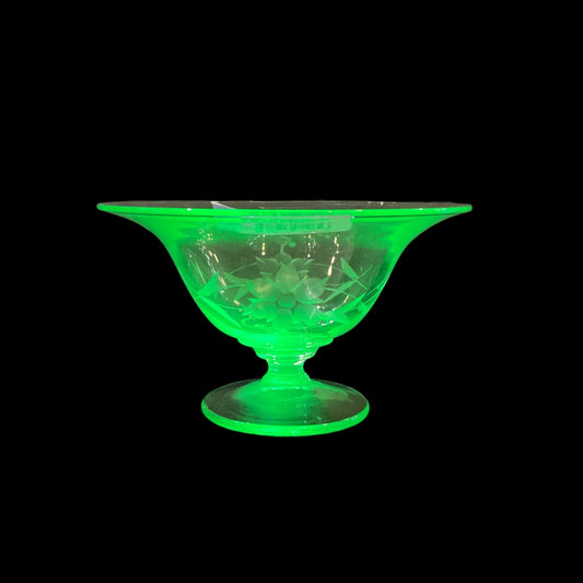 Vintage Green Depression Uranium Vaseline Glass Small Footed Decorative Bowl Flower Etch (1pc)