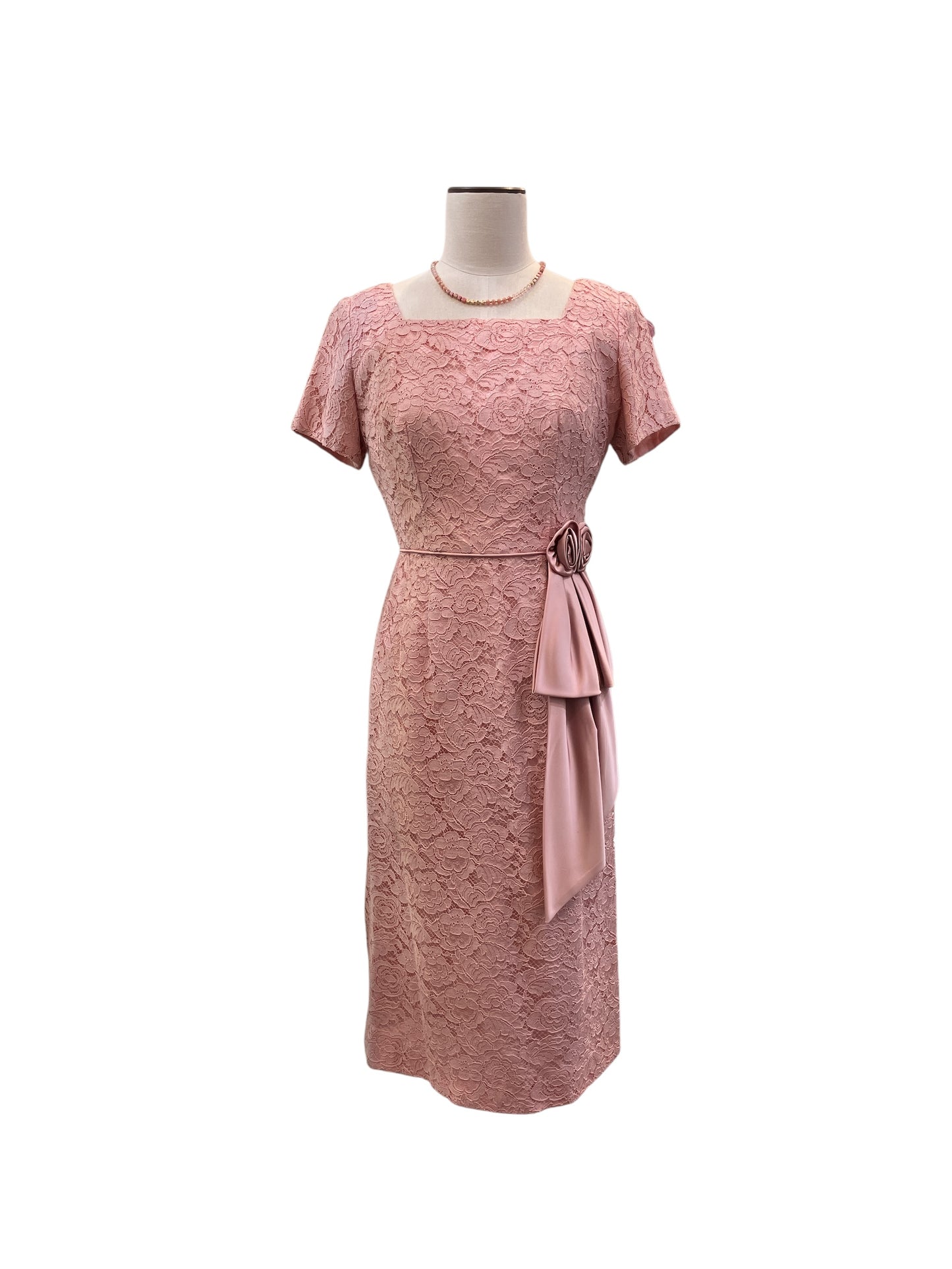 Vintage 1950s Elegant Pink Lace Knee Length Dress With Square Neckline and Rose Accent