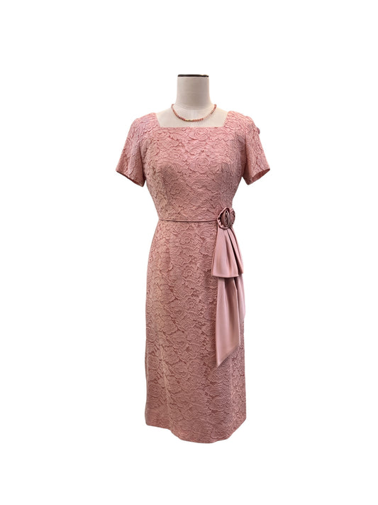 Vintage 1950s Elegant Pink Lace Knee Length Dress With Square Neckline and Rose Accent
