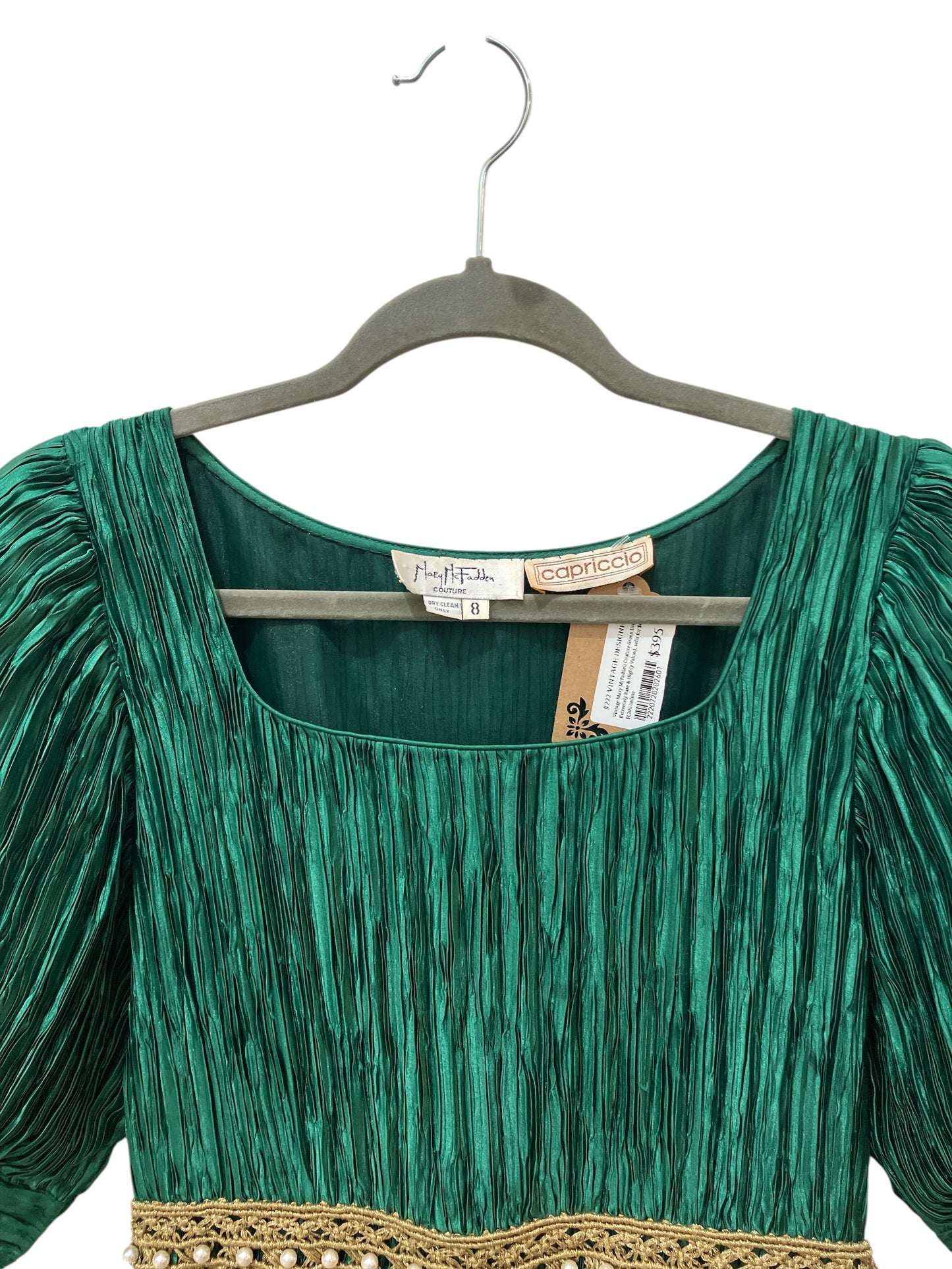 Vintage Designer Mary McFadden Couture 1980s Puffed Sleeves Dark Green Crimped Silk Cocktail Dress with Gold Belt Detail Princess Diana Style