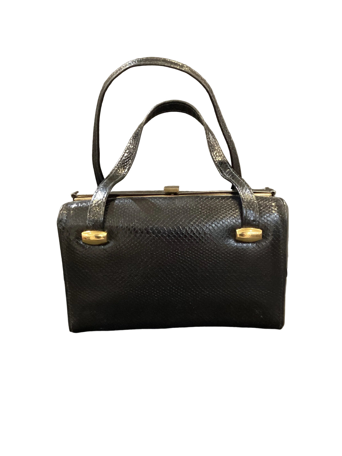 Vintage 1940s-1950s Black Leather Reptile Skin Purse Gold Hardware