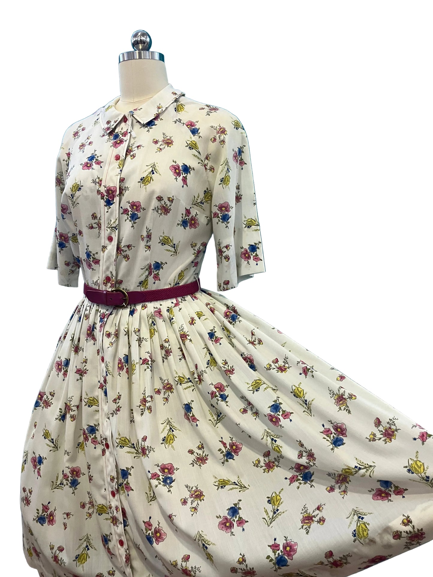 Vintage 1950s Cos Cob Label Floral Print Shirtdress Including Belt