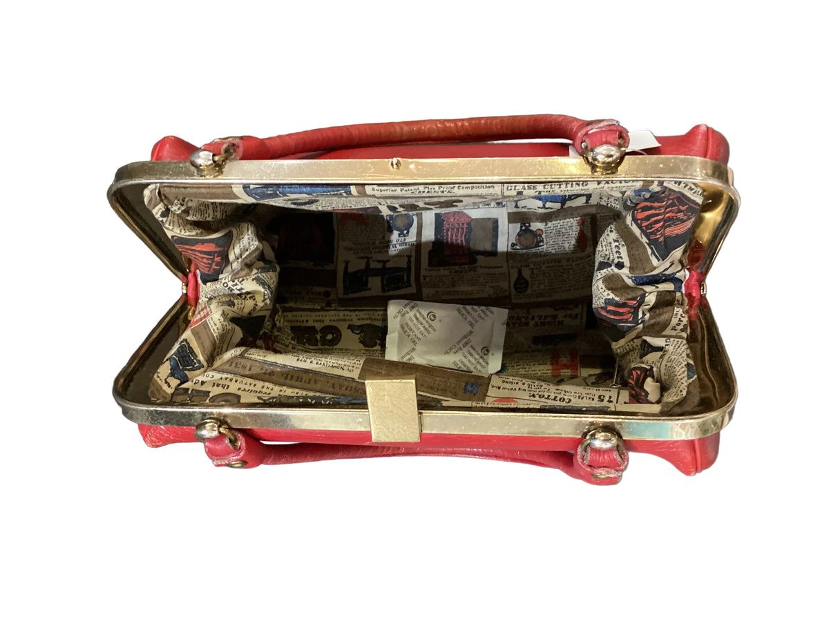Vintage Margolin Red Genuine Leather Bag Gold Tone Hardware Newspaper Print Fabric Interior Lining