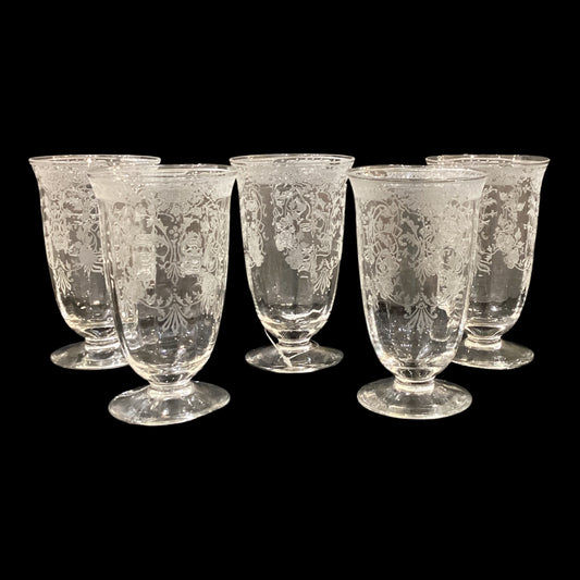 Vintage Etched Glass Fostoria Glass Co. Water Goblets Clear Art Nouveau Style Sold as a Set of 5 (5pc)