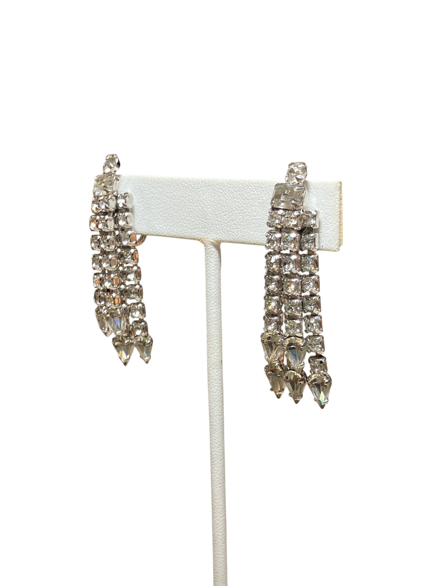 Stunning Vintage 1950s Luxe Screw Back Rhinestone Earrings Tassel Style Heavy Layered Clear Stones