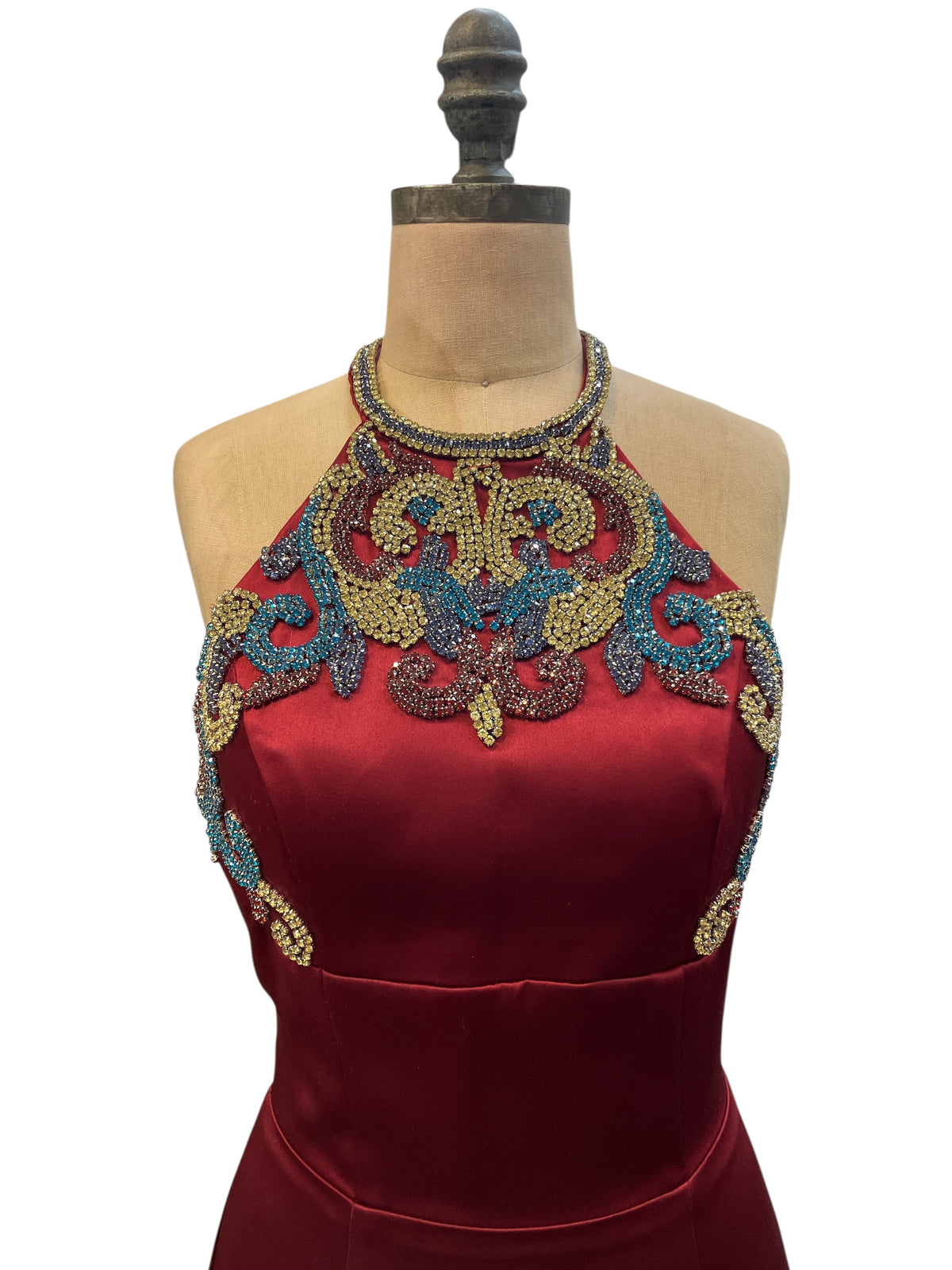 Designer SHERRI HILL New with Tags Red Halter Trumpet Gown with Long Train and Blue and Gold Rhinestone Embellishment