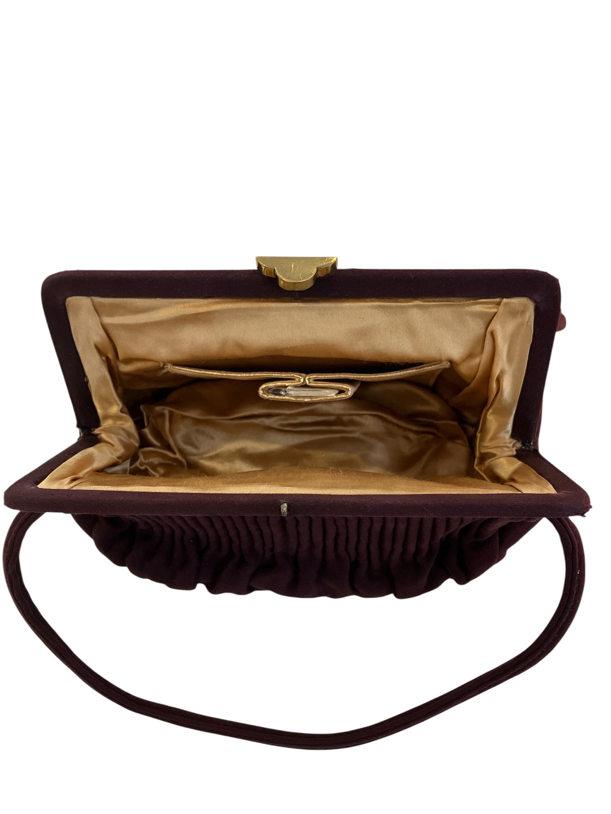 Vintage 1940s-1950s Small Burgundy Pleated Cloth Purse Gold With Comb Slot Gold Satin Lining