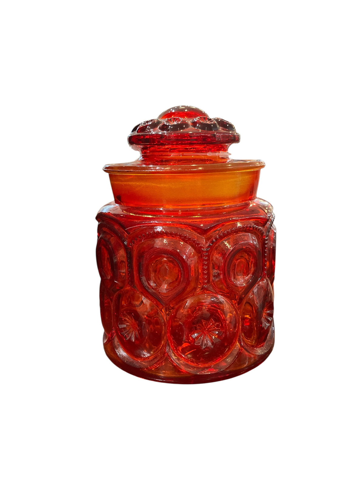 Vintage Amberina Moon and Star Midcentury Cookie Jar with Lid 7 Inches Tall