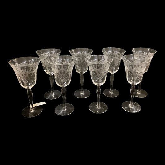 Vintage Etched Glass Clear Wine Goblets Fleur de Lis Motif Stunning Excellent Condition Sold as a Set of 8 (8pc)
