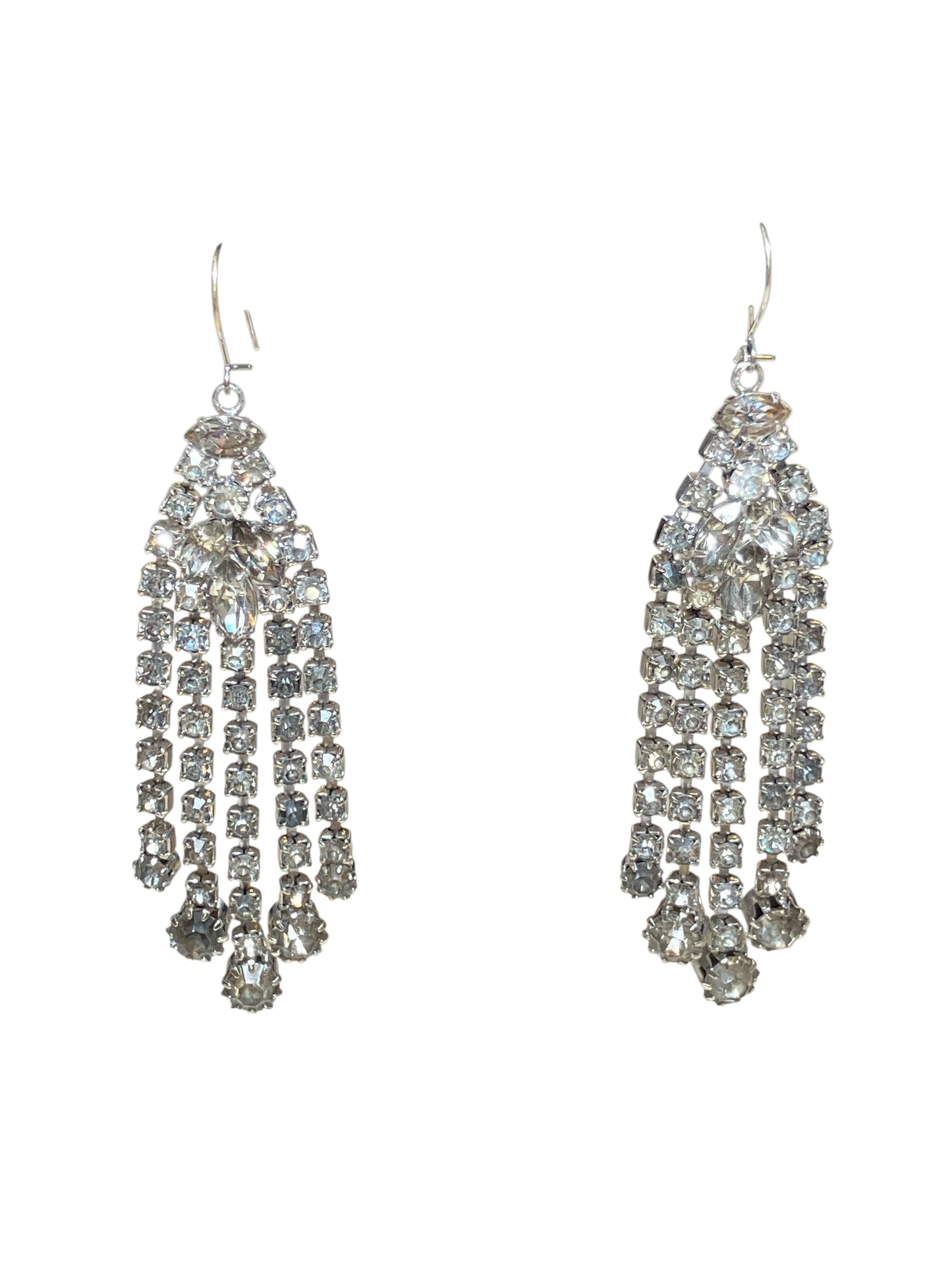 Vintage 1960s Rhinestone Tassle Statement Earrings Mark HOBE Pierced Back Dangle Large Clear Crystal Costume Jewelry