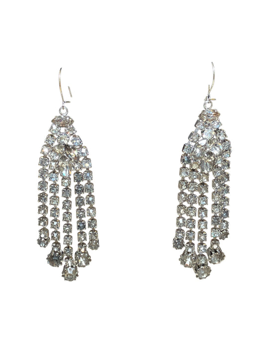 Vintage 1960s Rhinestone Tassle Statement Earrings Mark HOBE Pierced Back Dangle Large Clear Crystal Costume Jewelry