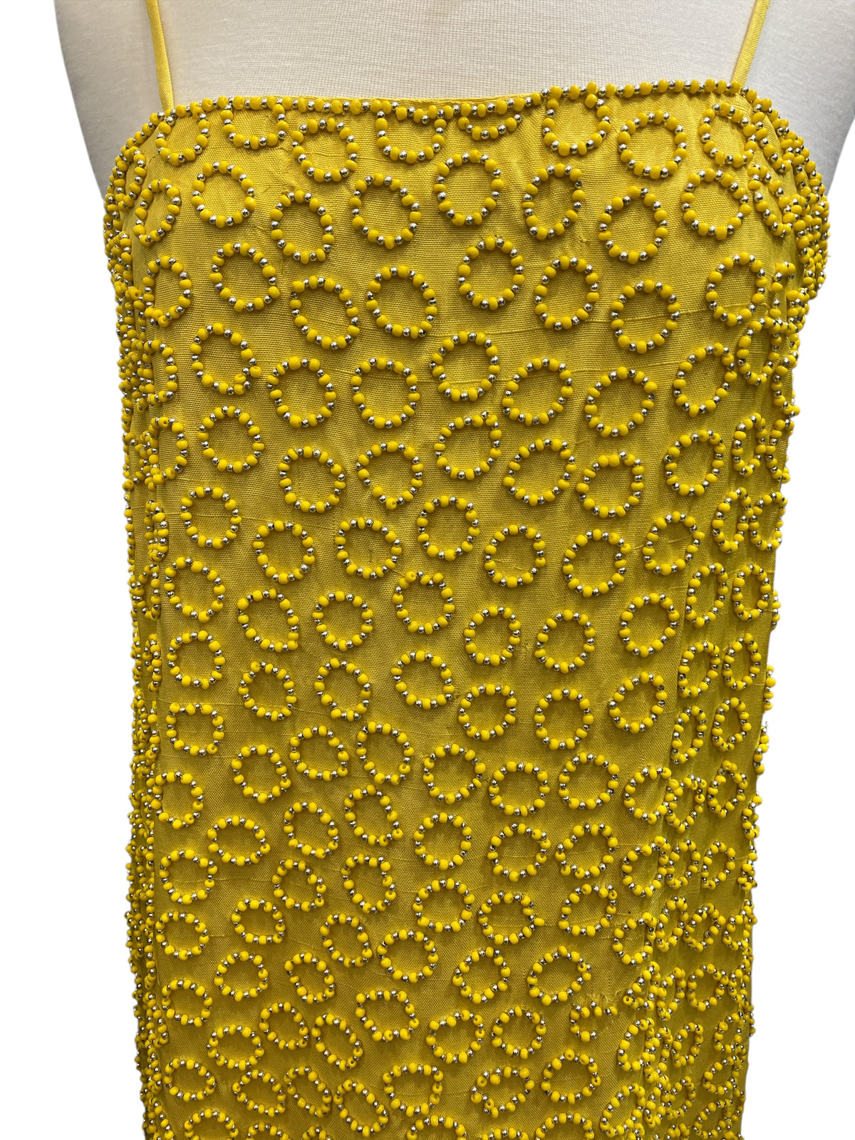 Vintage Yellow 100% Silk Shell Sheath Dress Cocktail Circle Pattern Beading “Black Tie” Brand