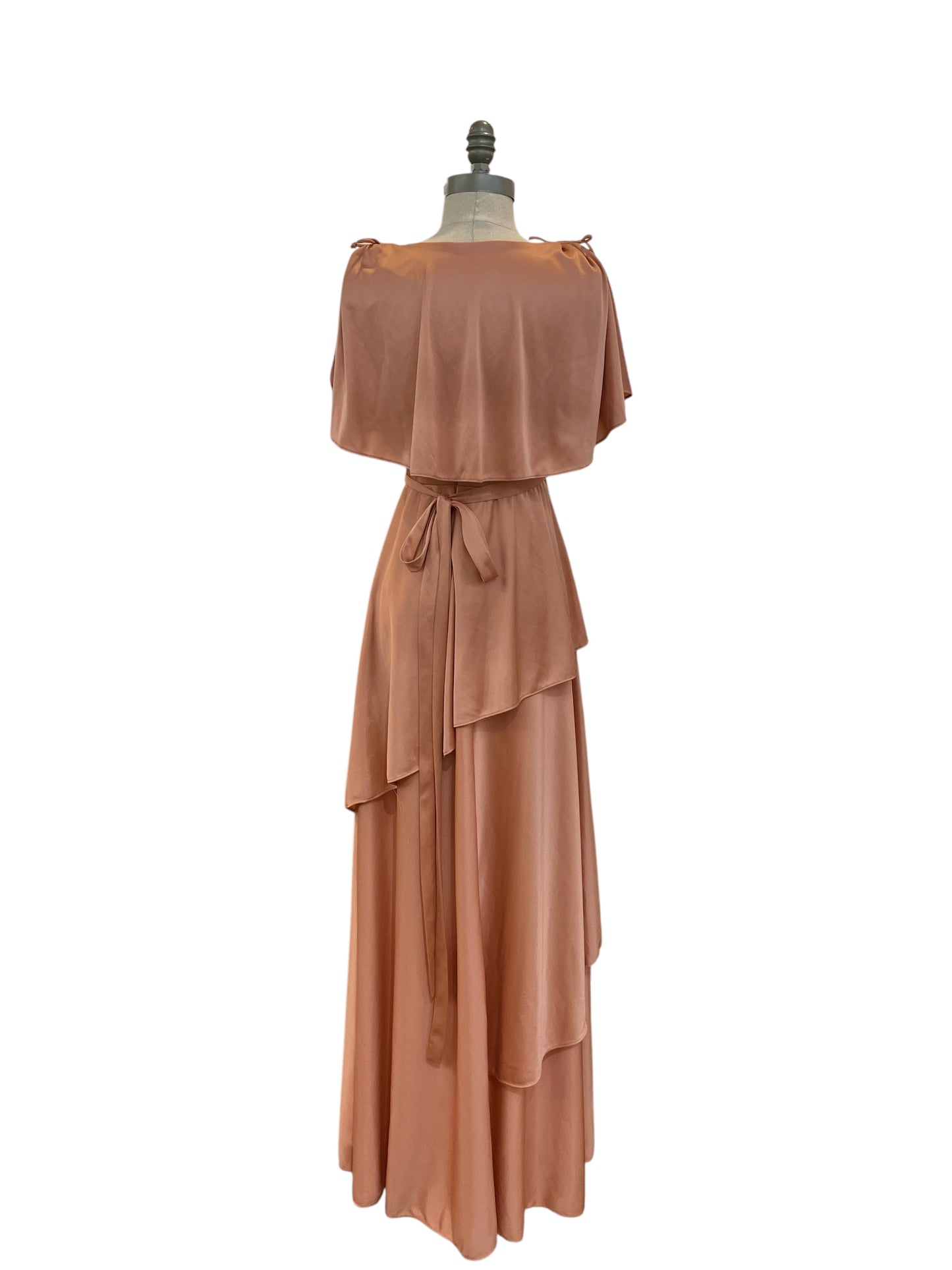 Vintage 1970s Union Made Dusty Rose Wrap Around Maxi Dress Three Tiered Tie Waist Plunging Neckline Cape Sleeve