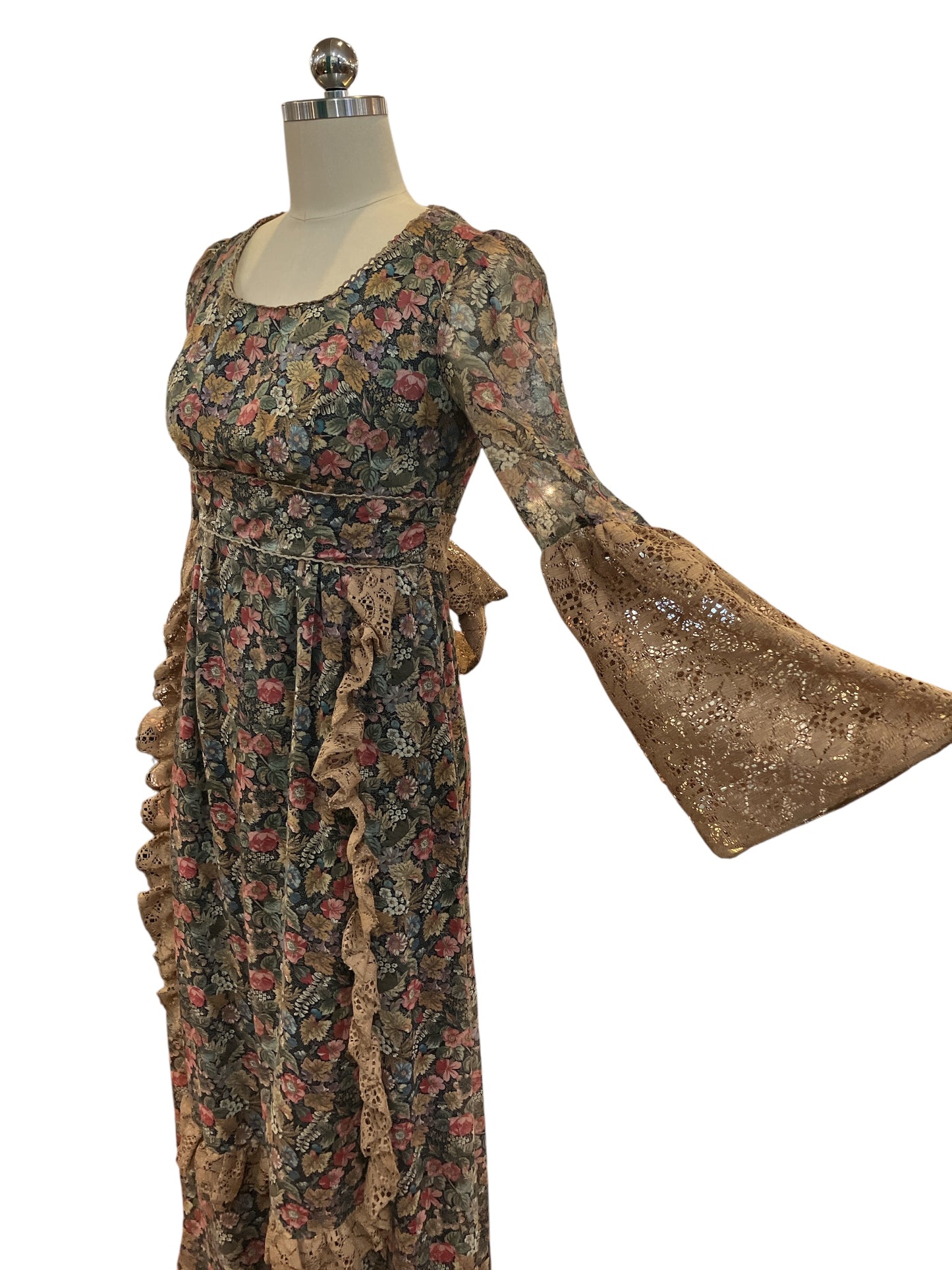 Vintage Late 1960s Early 1970s PBJ Jerrell Gunne Sax Style Mock Apron Dress Brown and Multicolor Floral