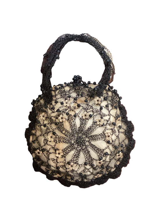 Vintage Lisa Toland Metal Wire Lace Shimmer Organza Lined Small Purse Floral Beading Black/Nude