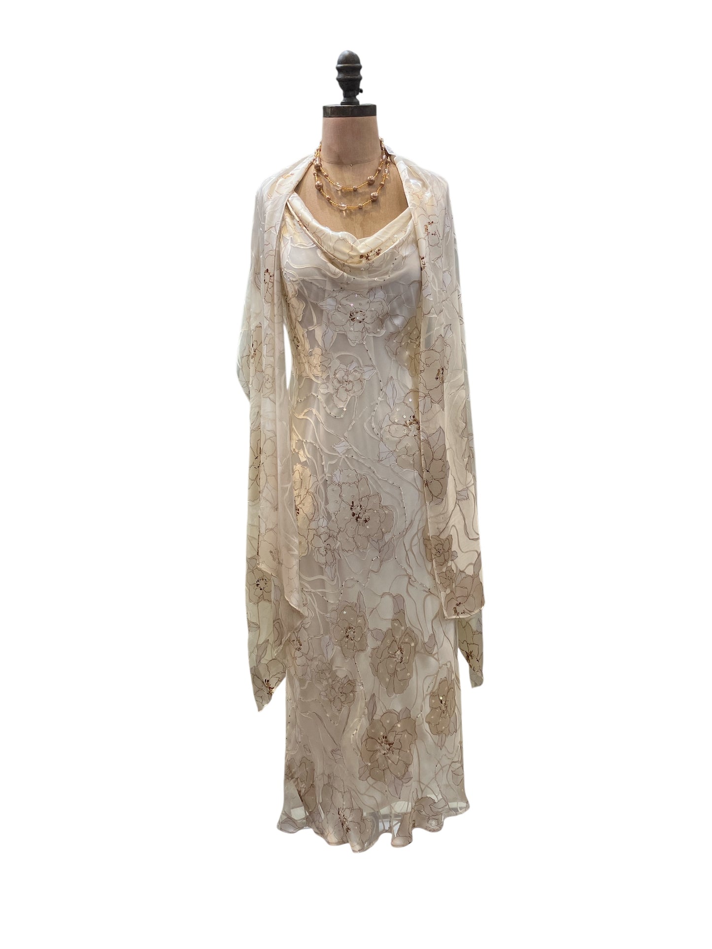 Vintage 1990s Alex Evenings Silk Blend Bias Cut Ivory And Champagne Floral Beaded Cocktail Dress with Matching Scarf