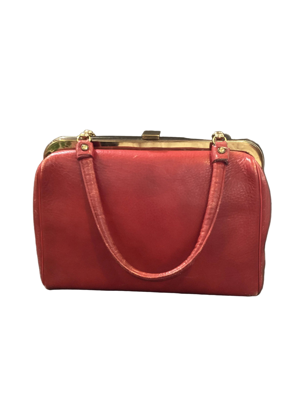 Vintage Margolin Red Genuine Leather Bag Gold Tone Hardware Newspaper Print Fabric Interior Lining
