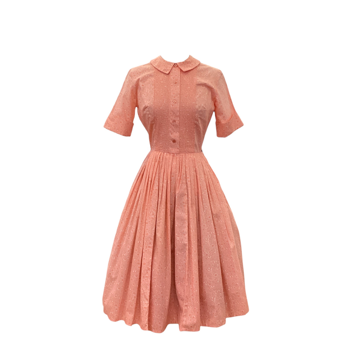 Vintage 1950s Cos Cob Peach Shirt Dress with Floral and Fruit Monochrome Print Pleated Skirt (Shown with Petticoat- not included)