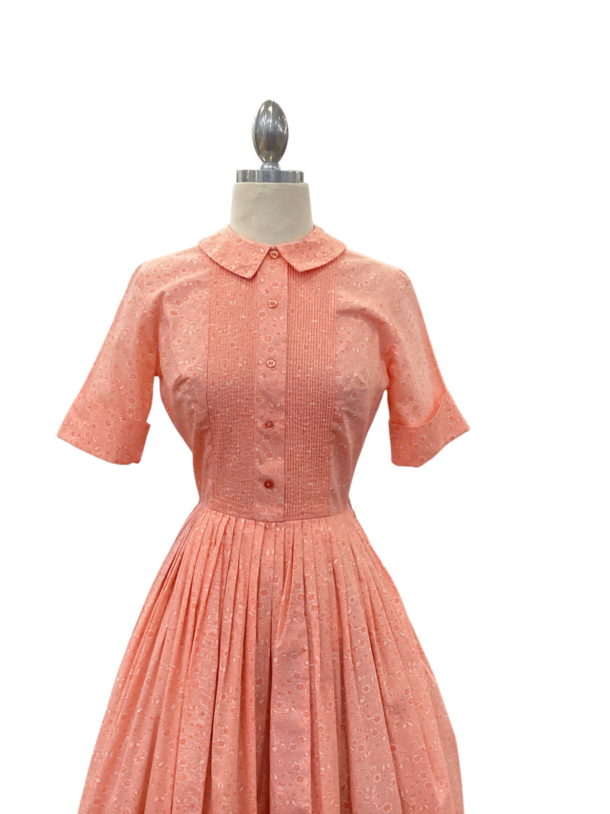 Vintage 1950s Cos Cob Peach Shirt Dress with Floral and Fruit Monochrome Print Pleated Skirt (Shown with Petticoat- not included)