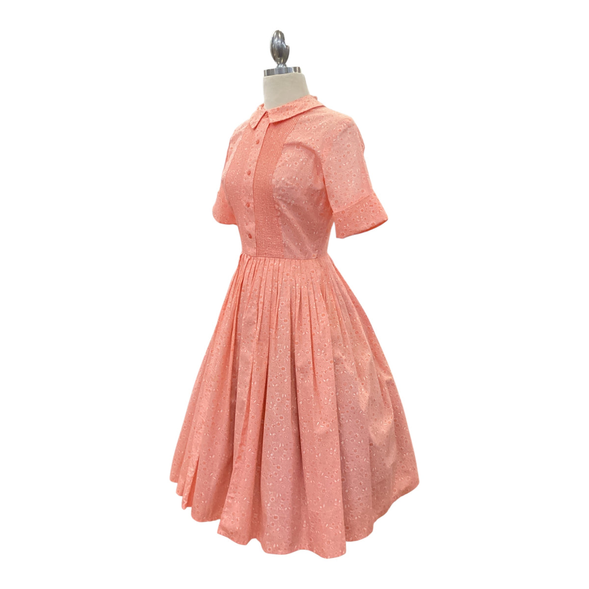 Vintage 1950s Cos Cob Peach Shirt Dress with Floral and Fruit Monochrome Print Pleated Skirt (Shown with Petticoat- not included)