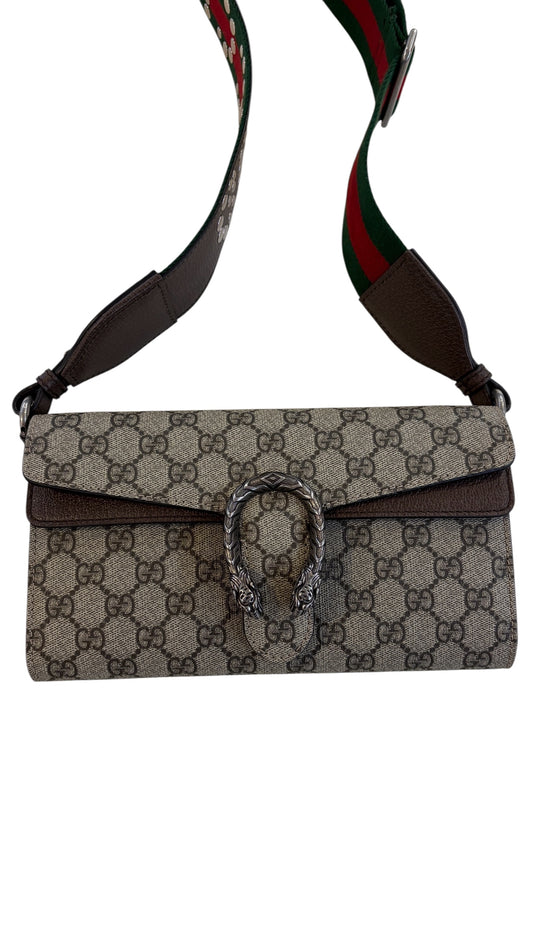 Authentic Gucci Dionysus GG Supreme Canvas Brown Leather Trim Small Bag with Two Straps (Gunmetal Gray Chain Strap, Gucci Studded Red and Green Strap) Includes Dust Bag, Care Booklet, RFID Certificate Like New Without Tags