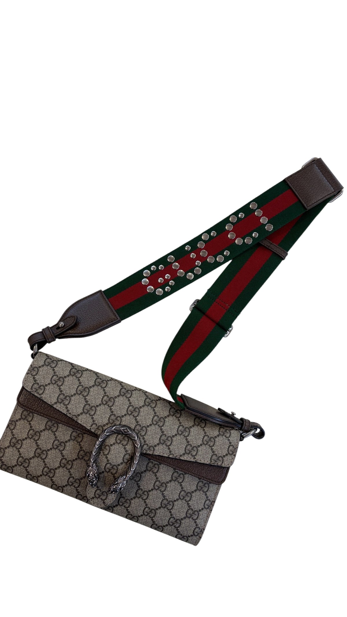 Authentic Gucci Dionysus GG Supreme Canvas Brown Leather Trim Small Bag with Two Straps (Gunmetal Gray Chain Strap, Gucci Studded Red and Green Strap) Includes Dust Bag, Care Booklet, RFID Certificate Like New Without Tags