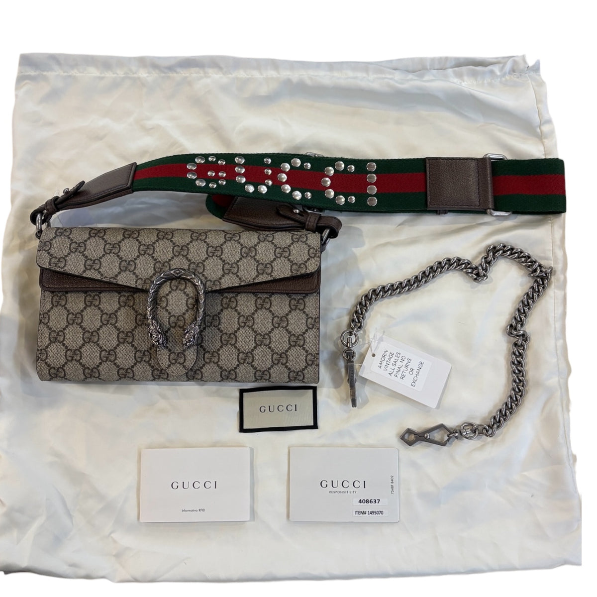 Authentic Gucci Dionysus GG Supreme Canvas Brown Leather Trim Small Bag with Two Straps (Gunmetal Gray Chain Strap, Gucci Studded Red and Green Strap) Includes Dust Bag, Care Booklet, RFID Certificate Like New Without Tags