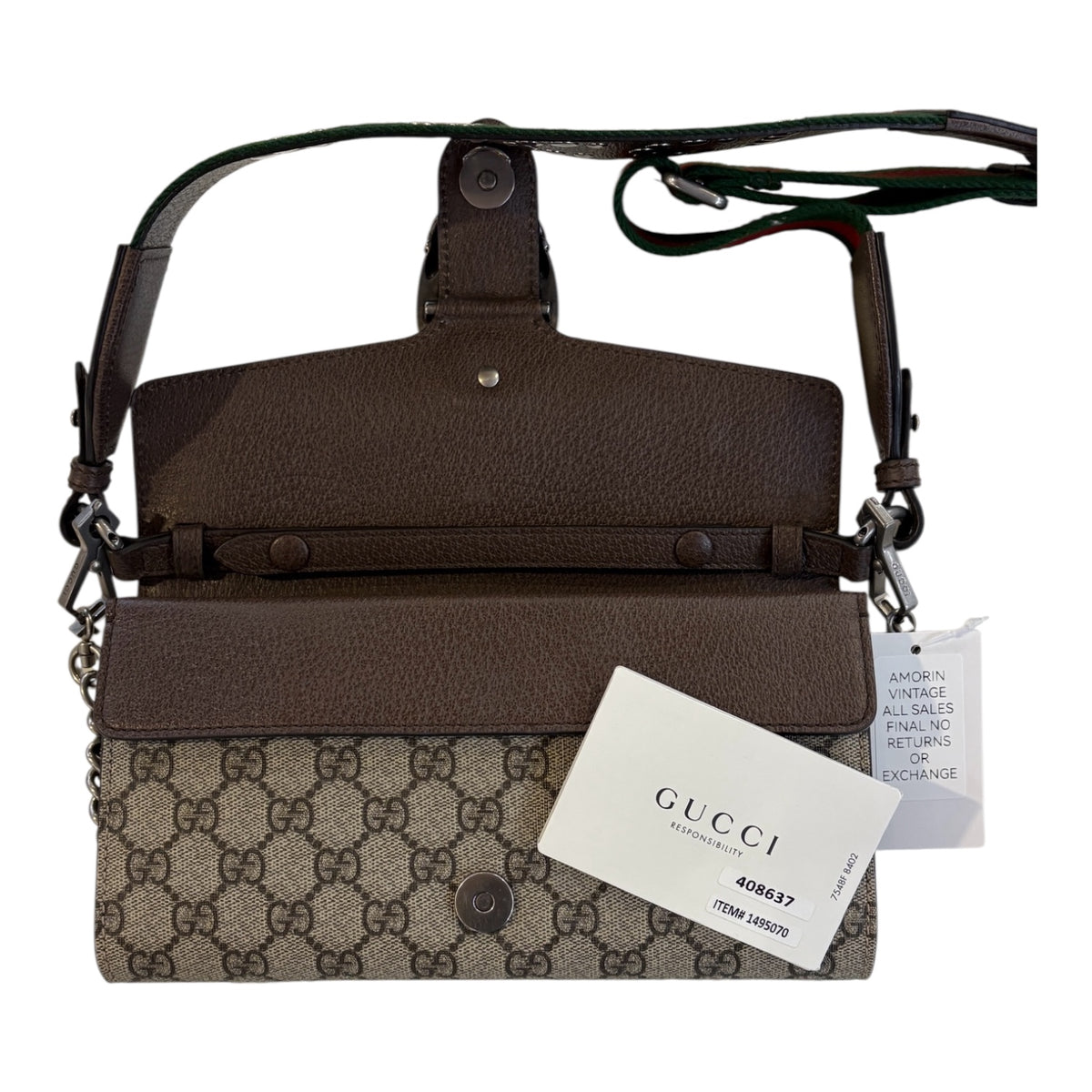 Authentic Gucci Dionysus GG Supreme Canvas Brown Leather Trim Small Bag with Two Straps (Gunmetal Gray Chain Strap, Gucci Studded Red and Green Strap) Includes Dust Bag, Care Booklet, RFID Certificate Like New Without Tags
