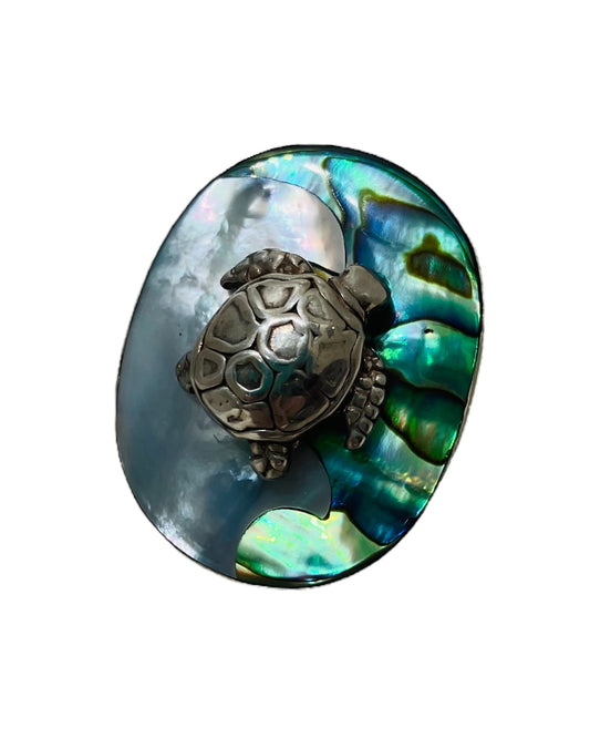 Vintage Abalone Sterling Ring with Turtle Decoration