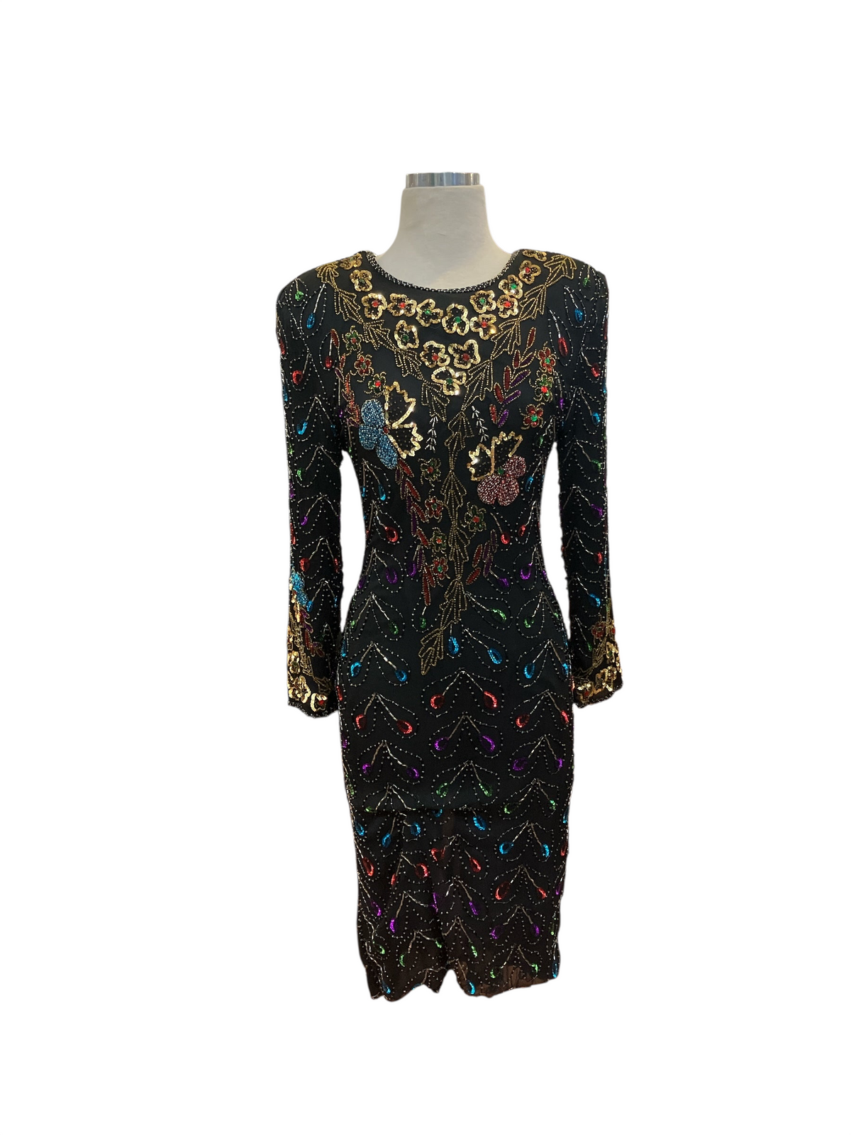 Amorin Vintage black long sleeve evening dress with intricate multi-colored floral beadwork and sequin embellishments
