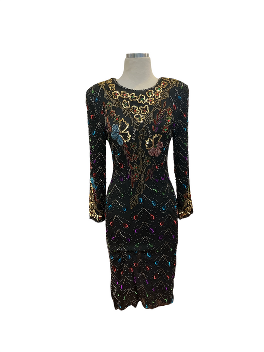 Amorin Vintage black long sleeve evening dress with intricate multi-colored floral beadwork and sequin embellishments