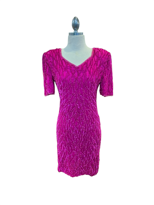 Amorin Vintage fuchsia short sleeve cocktail dress with all-over geometric beadwork and a classic v-neckline.